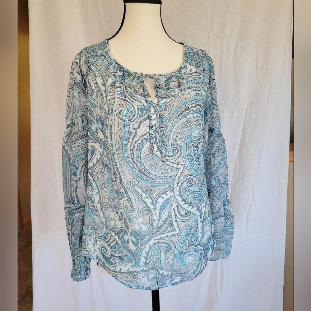 WHBM Blue sheer lined v tie neck paisley print sheer long bell sleeve blouse XS